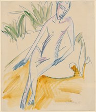 Sitting Bather, 1912, chalk in blue, watercolored, leaf: 46 x 39.1 cm (largest mass), U. r., Signed