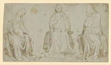 Three depictions of the seated Mary with Child, shortly before 1400, metal pencil, heightened with