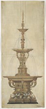 Design for a table fountain, around 1555/60, pen, watercolor and gouache on paper, pasted on