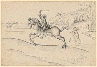 Wild man, galloping on a horse, feather in gray and black, Leaf: 10.5 x 15.3 cm, Unmarked, Ludwig