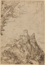 Castle Aggstein in the Wachau, 1542, feather in brown, brown washed, verso: brush in violet, leaf: