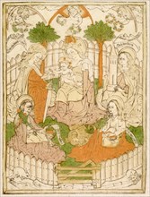Mary in the Garden of Paradise with four female saints, c. 1460/70, woodcut (brown print), colored,