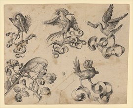 Ornamental Designs with Birds on Tendrils and Ribbons, c. 1470/80, Feather in Black, Journal: 21.6,