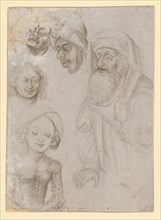 Study sheet with two half-figures and four heads, c. 1470/80, silver pencil and some red chalk on
