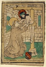 Saint Bernard of Clairvaux is hugged by the Crucified, c. 1470, woodcut, colored Uniques, unique,