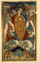 The Rapture of St. Maria Ägyptiaca, c. 1460/70, woodcut, colored (unique), unique, leaf: 14 x 8.2