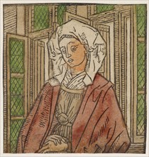 Sibyl, c. 1460/70, woodcut, colored (unique), unique, leaf: 9.4 x 9.1 cm, Anonym, Niederlande, 15.