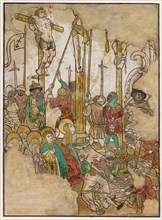 The Calvary (fragment), c. 1470, woodcut, colored (unique), unique, leaf: 36.3 x 26.7 cm, Anonym,