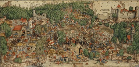The Battle of Dorneck 1499, c. 1510, woodcut of three sticks, colored, leaf: appr. 40.9 x 85 cm,