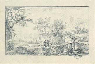 Landscape with a wooden bridge and two hikers, created in 1751, 1760-1768, pencil, Sheet glued to
