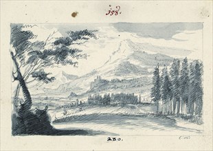 View of a river-covered alpine landscape, right in the foreground fir forest, created in 1751,