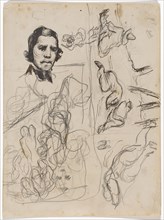 Portrait of Delacroix and various studies, 1864/68, pencil, pen in black, gray wash, on the