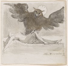 Owl with outstretched wings above a lying woman, circa 1820, chalk, gray and brownish washed,
