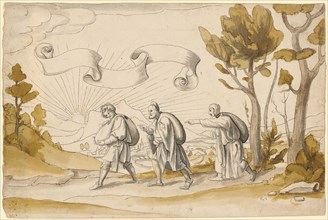 Three sacks laden with sacks in a landscape, 1548 (?), Feather in black, gray washed, brown and