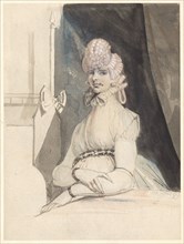 Mrs. Fuseli, at a table in front of a niche with a drapery, 1799, pencil and brush in gray, washed