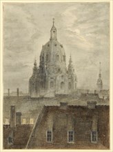 The Frauenkirche in Dresden, around 1824, brush in gray and brown over pencil, sheet: 13 x 9.5 cm,