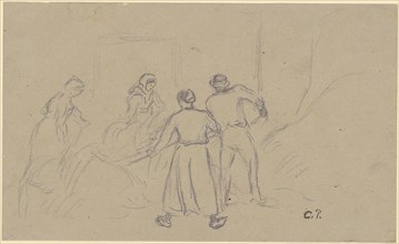 Farmer and three peasant women at the hay harvest, ink pen on light gray paper, verso: ink stick,