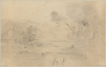 Roman Campagna with distant view of San Pietro in Montorio, 1827, pen over pencil on brownish
