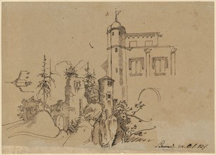 Castle and ruin on rocky heights, 1837, pen with ink in brown on gray paper, sheet: 20.2 x 28.5 cm,