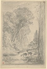 Waldbach with deer and doe on the water, pencil, sheet: 23.6 x 16.1 cm, unsigned, Charles-François