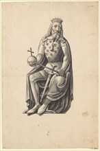 Copy of the statue of Rudolf von Habsburg in the Seidenhof, pen in black, gray wash, sheet: 32.1 x