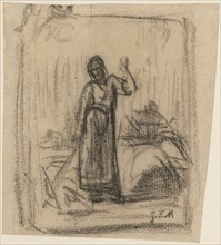 Farmer's wife with rake in front of a hinted landscape background, chalk, sheet: 10.8 x 8.7 cm |,