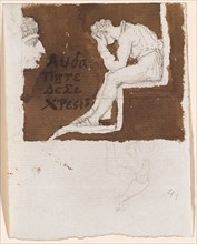Man, in moody posture in front of a sphinx-like head appearing from the wall, 1810/20, chalk, brown