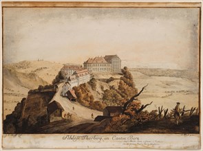 Thorberg Castle, in Canton Bern, etching, colored, sheet: 19.8 x 30.1 cm, Caspar Wolf, Inventor,