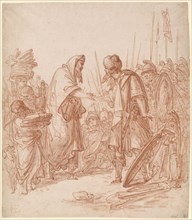 The encounter of Abraham and Melchizedek, red chalk, sheet: 48.3 x 42.1 cm, U. l., Inscribed: IOHE