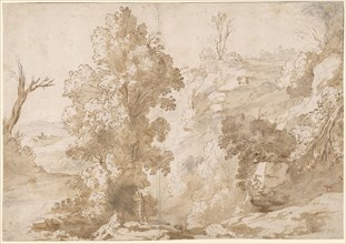 Landscape with tree-filled gorge, pen in brown, in various shades of brown and gray washed, sheet: