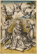 Madonna and angels in landscape, c. 1500, pen and brush in black and brown, gray wash, blue, green
