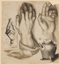 Four studies of hands and a cauldron, c. 1500, pen in brown and black, gray-brown washed, some red
