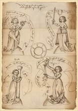 Four virtues with banners grouped around a mirror (Prudentia, Justitia, Fortitudo, Temperantia), c.