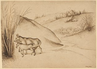 Illustration of a fable: The wolf and the goat, feather in brown, mounted, sheet: 19.6 x 27.7 cm,