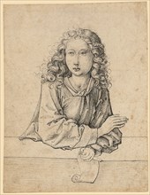 Young man with scroll on a balustrade, feather in black, sheet: 18.4 x 14.3 cm, unsigned, Martin