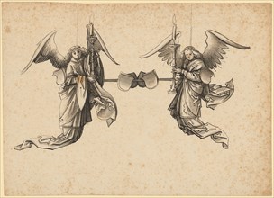 Candlestick design with two angels, feather in dark brown, gray-brown washed, page: 15.3 x 21.1 cm,