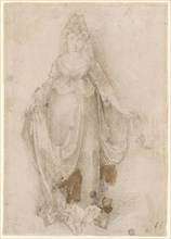 Woman in fancy dress, 1494/95, feather in greyish brown, faded, with darker spots (sometimes