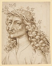 Half-length portrait of a garlanded man with long curly hair, left, c. 1470/80, brown feather,