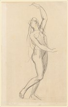 Female nude with raised left arm, black chalk over pencil, laminated on half board, Sheet: 32.1 x
