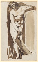 Female nude with raised left leg, pen in brown, washed, over black chalk over pencil, laminated on