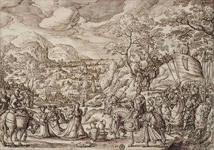 The meeting of David and Abigail in the wider landscape, 1568, feather in gray brown, violet