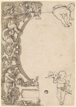 Broken glass with oval frame and empty middle picture, in the corners putti, c. 1570/75, feather in