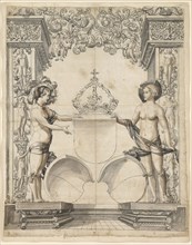 Broken glass with two naked girls as shield attendants and the coat of arms of Solothurn,