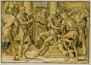 David playing the harp in front of Saul, 1555, Clair-obscur woodcut of four plates (light beige,