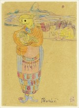 Marieë, c. 1921, pen in blue-gray and colored pencil over pencil on brownish paper, material glued