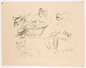 Two girls with cats, lithograph (watermark: BERGISCH, GLADBACH), sheet: 40.5 x 51.5 cm (largest