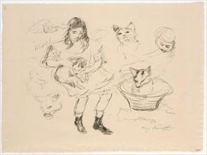 Girl with cats, lithograph (watermark: lion), leaf: 38 x 51.6 cm (largest mass), R. under the
