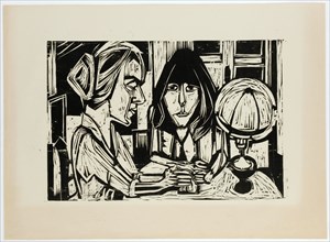 Intérieur with two women - Two women with lamp, 1924 (print before 1929), woodcut on paper, 3rd