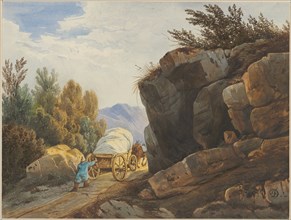 High loaded wagon on mountain path, pencil, watercolor, mounted, leaf: 19.1 x 25.4 cm, U. r.,