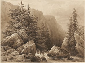 Mountain stream between rocks, 1848, pencil, brush in brown, washed, opaque white, leaf: 23.6 x 32